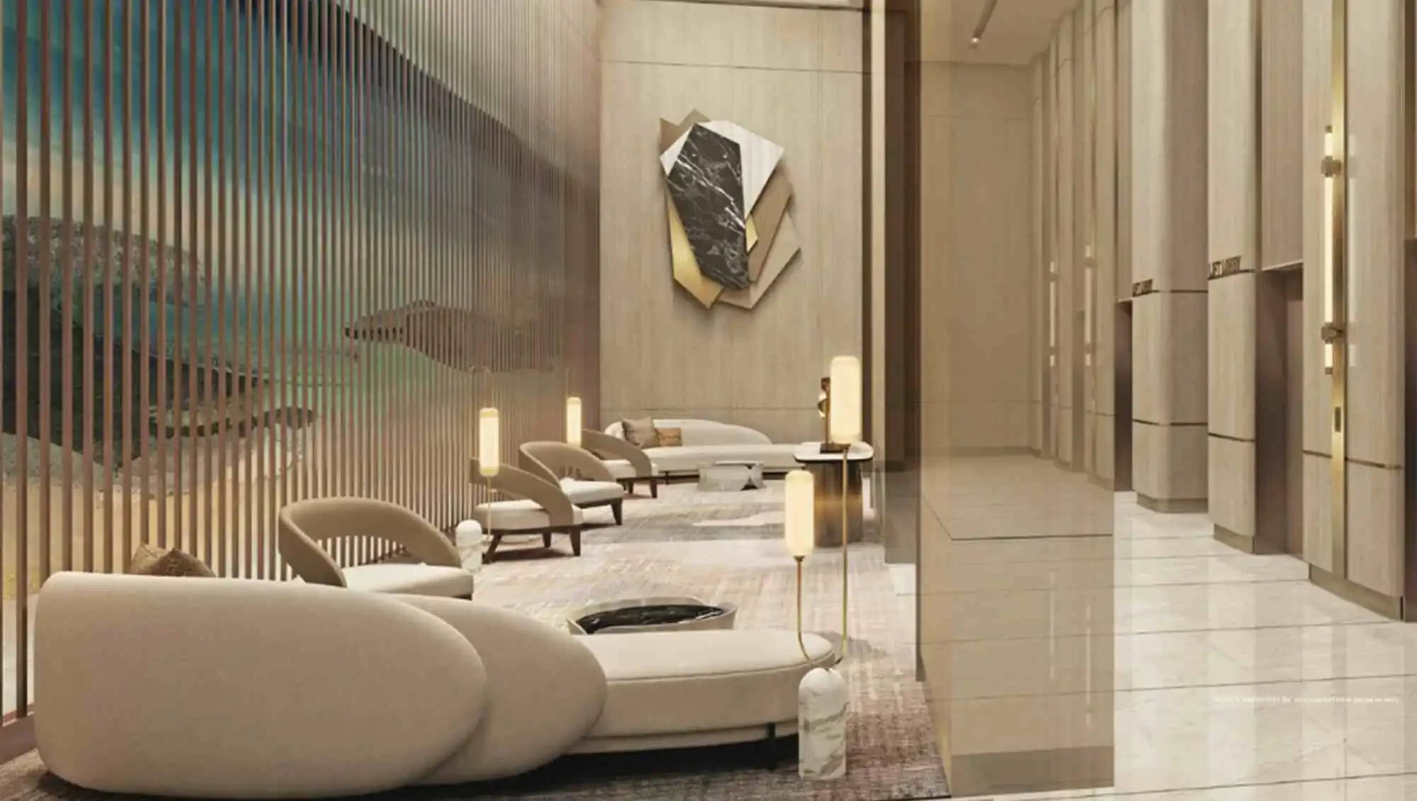 Living room with orange sofa and wooden partition