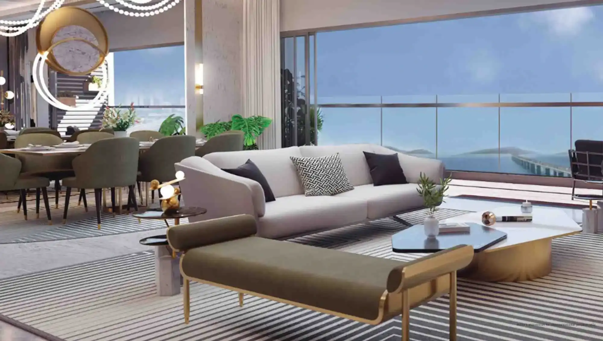 Elegant living room with blue ottoman